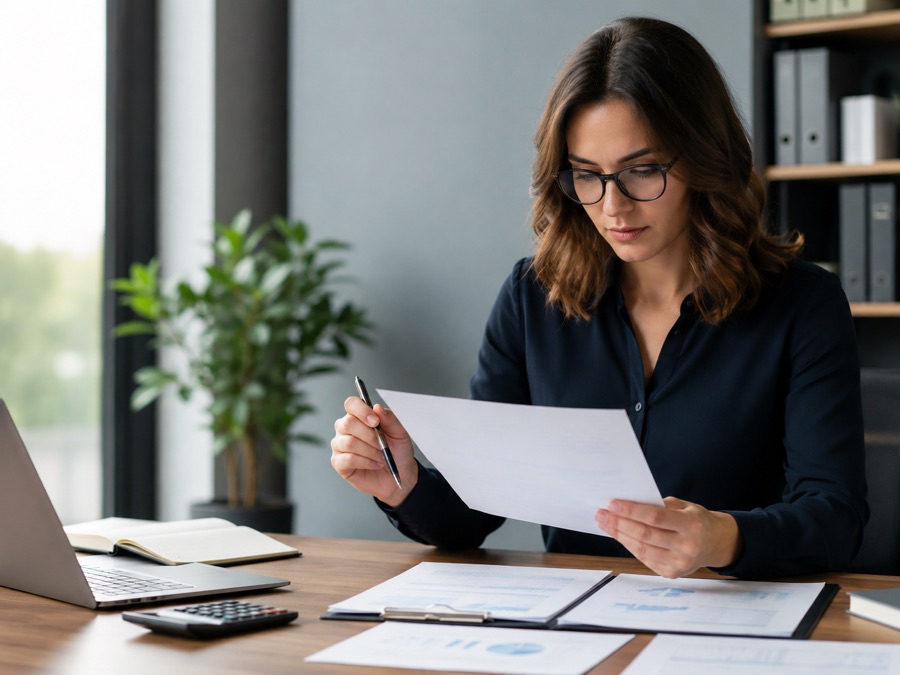 An accountant working through client documents and financial records