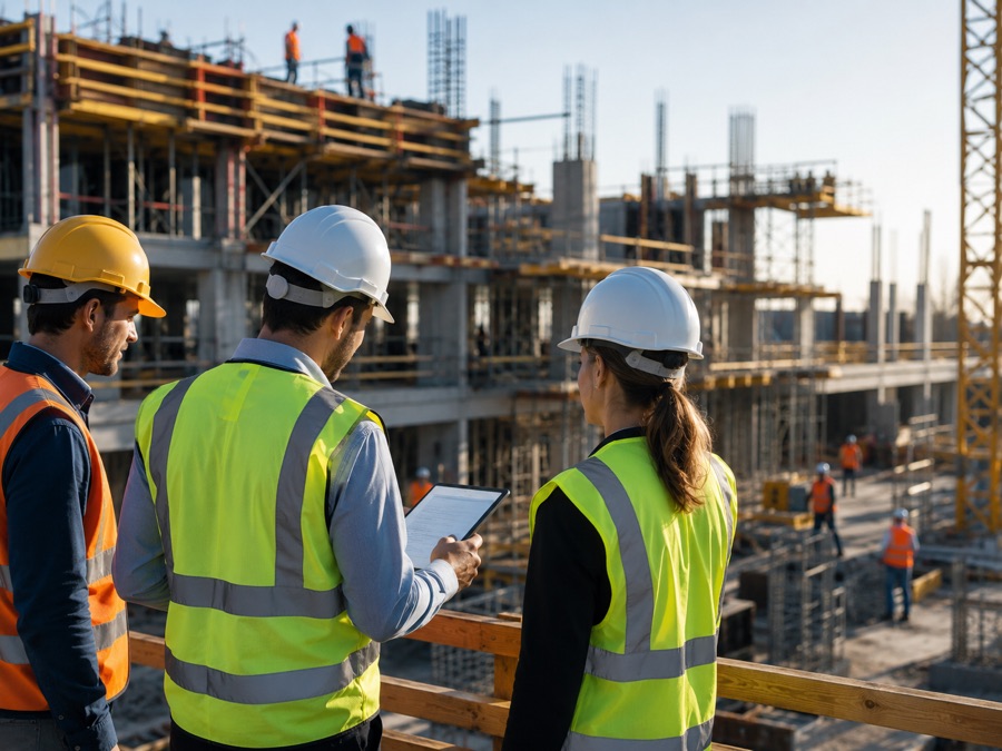 A contractor reviewing job schedules on a tablet at a work site